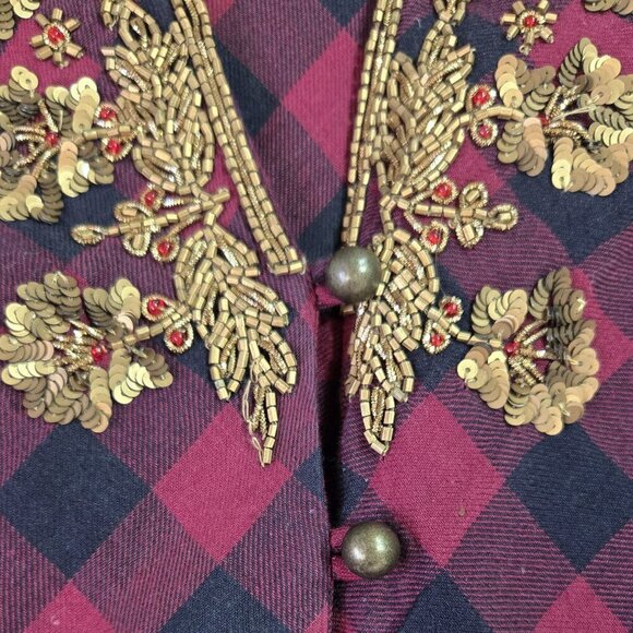 Soft Surroundings Webster Plaid Burgundy Black Beaded Sequin Neck Tunic - Picture 5 of 8